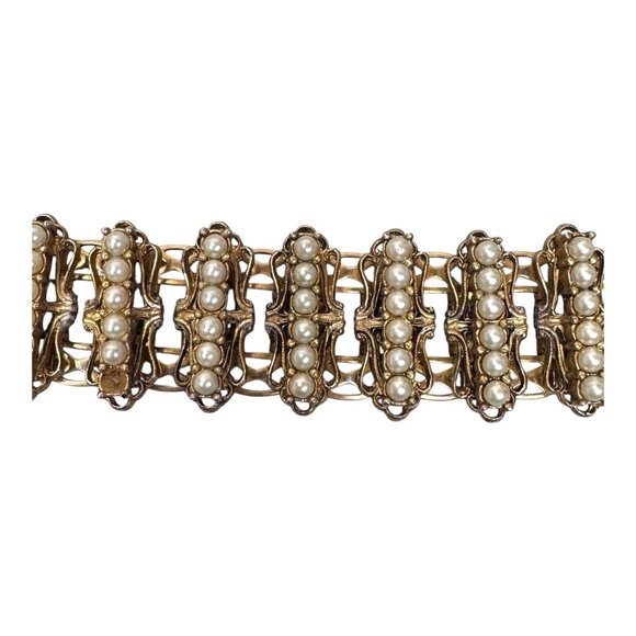 Vintage Gold Tone Bracelet Art Deco Heavy Statement Faux Pearl Detailing READ - Picture 7 of 8